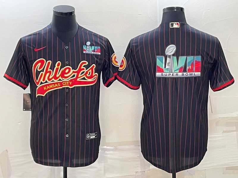 Mens Kansas City Chiefs Black With Super Bowl LVII Big Logo Cool Base Stitched Baseball Jerseys